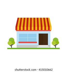 Isolated building with a pair of trees on a white background