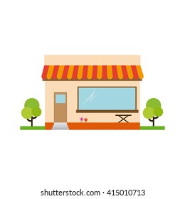 Isolated building with a pair of trees on a white background