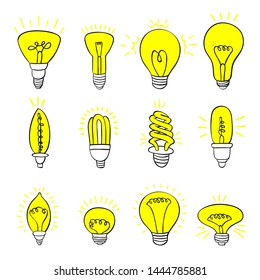 Isolated Bulbs of different types with light hand drawn doodle bulb set: fluorescent, filament, halogen, diode and other illumination electric shop ideas.