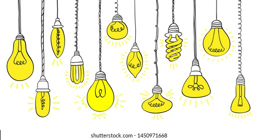 Isolated Bulbs of different types with light hand drawn doodle bulb set: fluorescent, filament, halogen, diode and other illumination electric shop ideas.