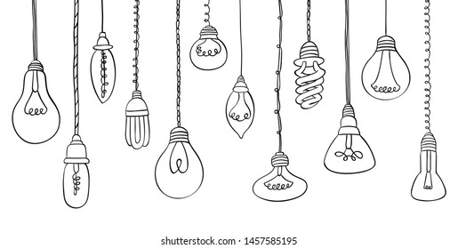 Isolated Bulbs of different types with light hand drawn doodle bulb set: fluorescent, filament, halogen, diode and other illumination electric shop ideas.