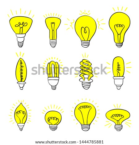 Isolated Bulbs of different types with light hand drawn doodle bulb set: fluorescent, filament, halogen, diode and other illumination electric shop ideas.