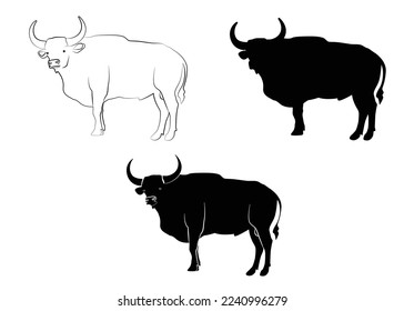 Isolated bull animal design.Bull silhouette of standing in different poses and Lonely bull. Bull logo design, vector illustration.