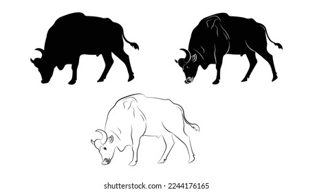 Isolated bull animal design.Bull silhouette of standing in different poses and Lonely bull. Bull logo design, vector illustration.