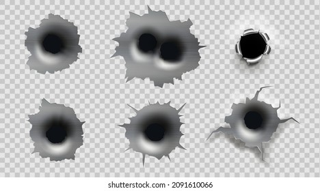 Isolated bullet holes on transparent background, gun bullet marks. Vector realistic 3d gunshot circular breaks, shots, metal round cracks with torn edges. Pistol or riffle weapon destruction