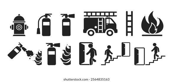 Isolated bundle Firefighting icons: hose, hydrant, flame, exit, emergency, symbolizing safety, rescue, fire department equipment, and alerts