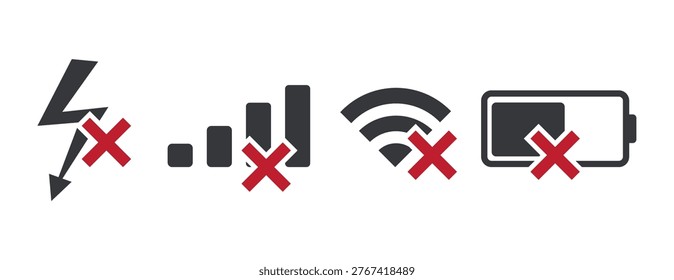 Isolated bundle graphic templates showing no signal, no wifi, no electric power, and no phone charging representing connectivity and energy restriction symbols