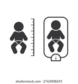 Isolated bundle pictogram of baby with measuring tape and weighing scale representing infant growth, length measurement, weight monitoring, and health assessment concept