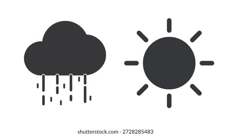 Piktogramm von wolkenverhangenen Regentropfen und Sonnensymbolen, Symbol für Trockenzeit, Regenzeit, Klimawandel und Wetter 