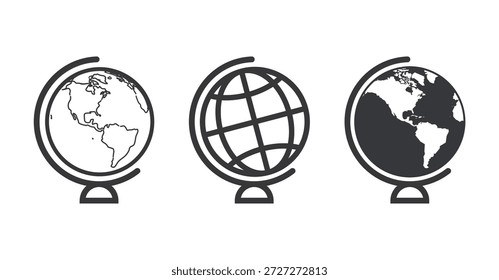 Isolierte Piktogramm-Kollektion mit verschiedenen Konturen und Symbolen für die Globus-Glyphe, die Landkarten für Geografie, Reisen und Bildung darstellen.