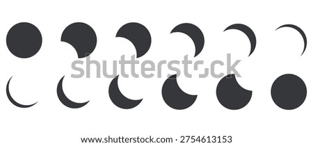 Isolated bundle pictogram icons showing moon phases including new moon, crescent, half moon, and full moon astronomy lunar cycle