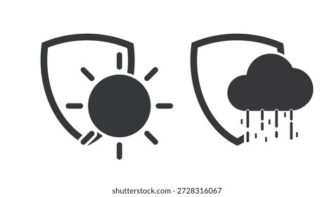 Isolated bundle pictogram of shield protection with cloudy rain drops and sun icons, symbol for safety against rainy and dry seasons.