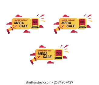 Isolated Bundle of Promotion Mega Sale 50%, 70% and 90% Limited Time Only in Yellow Voucher Illustration for Other Event Sales
