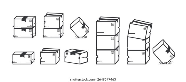 Conjunto isolado de ilustrações com contorno plano mostrando caixas de papelão quebradas, caídas e empilhadas para armazenamento de carga frágil e manuseio cuidadoso