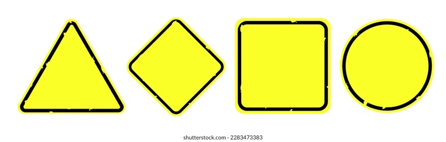 Isolated bundle textured, wear out, old, grunge, rusted black yellow square, rectangle, round, circle, triangle sign label, for hazard, attention, danger, alert sign with empty of copy space area