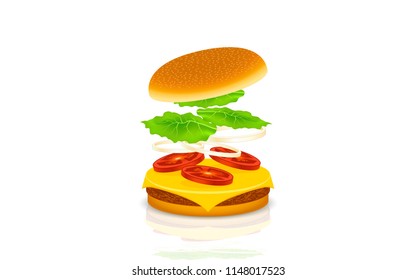 Isolated of Burger floating in flat icon design with reflection on white color background 