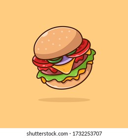 Isolated burger on the background. Beautiful vector flat illustration with stroke. Suitable for web page, banner, flyer, sticker, card. Appetizing, beautiful, realistic food.
