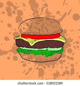 Isolated burger on a retro background, Vector illustration