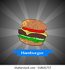 Isolated burger on a retro background, Vector illustration