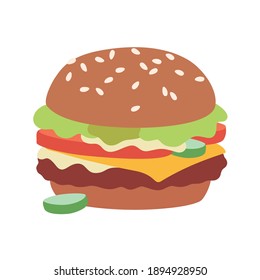 Isolated burger on white background. Vector illustration in cartoon flat style.