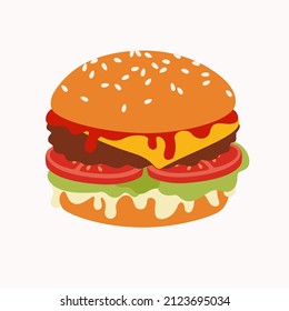 Isolated burger on white background. Vector illustration in cartoon flat style.