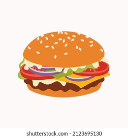 Isolated burger on white background. Vector illustration in cartoon flat style.