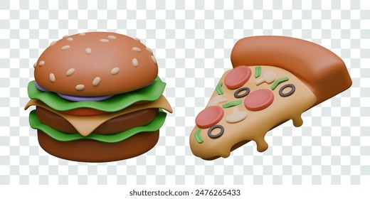 Isolated burger and slice of pizza. Vector realistic fast food. Illustrations