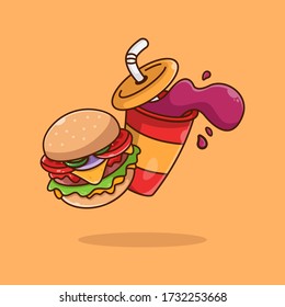 Isolated burger and soda on the background. Beautiful vector flat illustration with stroke. Suitable for web page, banner, flyer, sticker, card. Appetizing, beautiful, realistic food.