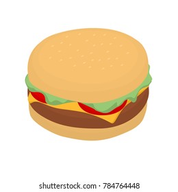Isolated burger vector art with cheese, tomato slices, and lettuce on a sesame seed bun.  Transparent background in vector.