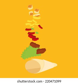 an isolated burrito and all its ingredients on a yellow background