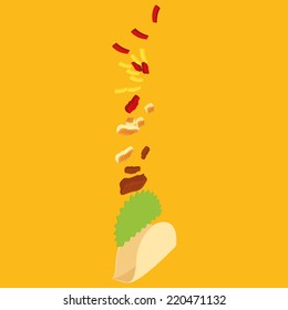 an isolated burrito with all its ingredients on a yellow background