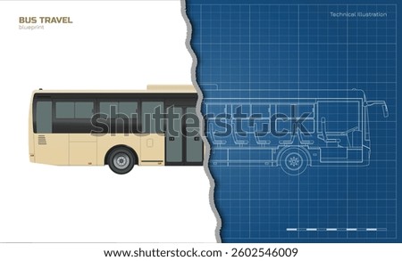 Isolated bus drawing. Outline passenger transport blueprint. Autobus seat map. Industrial 3D scheme. Side view. Tourist vehicle lineart. Vector illustration
