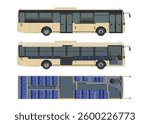 Isolated bus drawing. Realistic passenger transport. Autobus seat map. Industrial 3D scheme. Side and top view. Tourist vehicle interior. Vector illustration