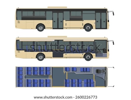 Isolated bus drawing. Realistic passenger transport. Autobus seat map. Industrial 3D scheme. Side and top view. Tourist vehicle interior. Vector illustration