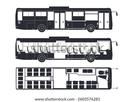 Isolated bus drawing. Silhouette of passenger transport. Autobus seat map. Industrial scheme. Side and top view. Tourist vehicle template. Vector illustration