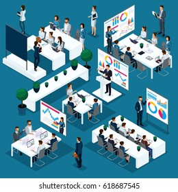 Isolated business coaching, isometric people, 3D person concept with different ways of training and development, the business process of young employees.