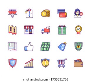 Paquete de ilustraciones de iconos de elementos de comercio electrónico aislado con estilo multicolor plano