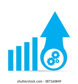 Isolated business graph with bars, gears and an arrow