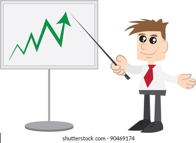 Isolated business man at whiteboard chart with pointer.  Board and man grouped separately.