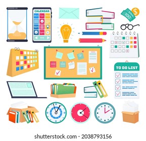 Colección de conjuntos de objetos comerciales aislados, ilustración vectorial, diseño de colección con elementos de oficina, lápiz, lápiz, lápiz, documento de papel y computadora.