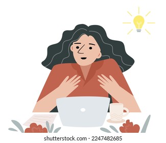 Isolated of business woman illustration. A woman is sitting with a laptop got a new idea.