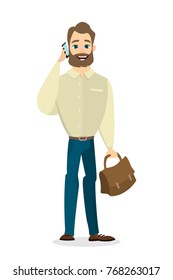 Isolated businessman with briefcase talking on the phone on white background.