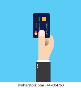 Isolated businessman holding credit card in his right hand. To pay future money buying something by making dept. Vector graphic design.