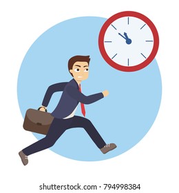 Isolated businessman running after the clock. Concept of deadline.
