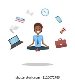 Isolated businessman sitting in lotus pose on white.