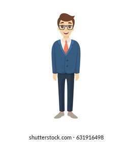 Isolated Businessman Standing On White Background. Cute Character In Buisness Suit.