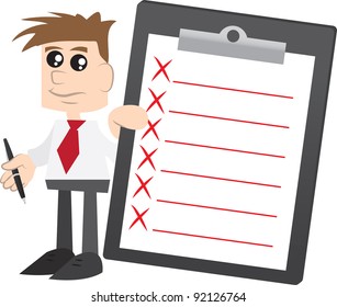 Isolated businessman with tie holding a clipboard with red x marks
