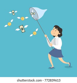 Isolated businesswoman catching flying money with net.