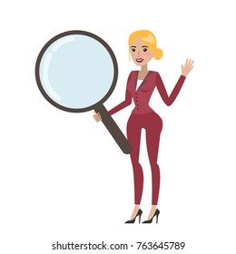 Isolated businesswoman with giant magnifying glass on white.