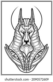 Isolated Bust Of A Dark Jackal In A Crown And Armor. Ancient Egyptian God - Anubis Close-up, Guardian Of The Scales On The Trial Osiris In The Kingdom Of The Dead Without A Background, Line Art.